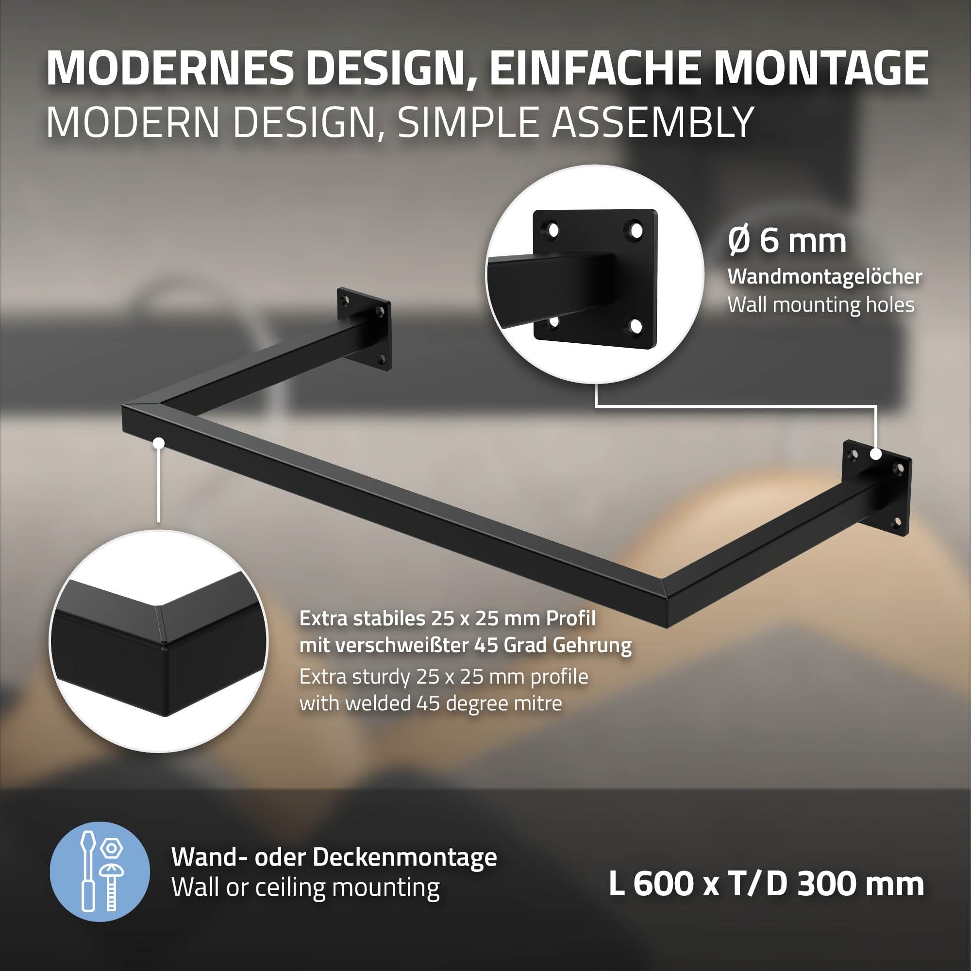 ML-Design Zestaw 3 Prostokątnych Wieszaków na Ścianę, Gł. 30 cm x Szer. 60 cm, Czarny, Wykonany ze Stali, Kształt Litery U, Wieszak Ścienny na Płaszcze, z Materiałem Montażowym