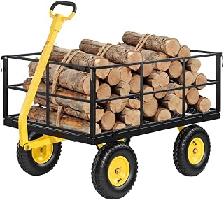 Steel Garden Cart, 1400 lbs Heavy Duty Pullable Garden Wagon Yard Cart, 2 in 1 Outdoor Metal Utility Wagon Yard Trailer with 13" All Terrain Tires, Mesh Detachable Sides and 180° Rotating Handle