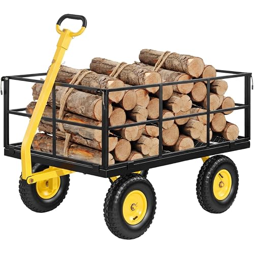 VEVOR Steel Garden Cart, 1400 lbs Heavy Duty Pullable Garden Wagon Yard Cart, 2 in 1 Outdoor Metal Utility Wagon Yard Trailer with 13" All Terrain Tires, Mesh Detachable Sides and 180° Rotating Handle