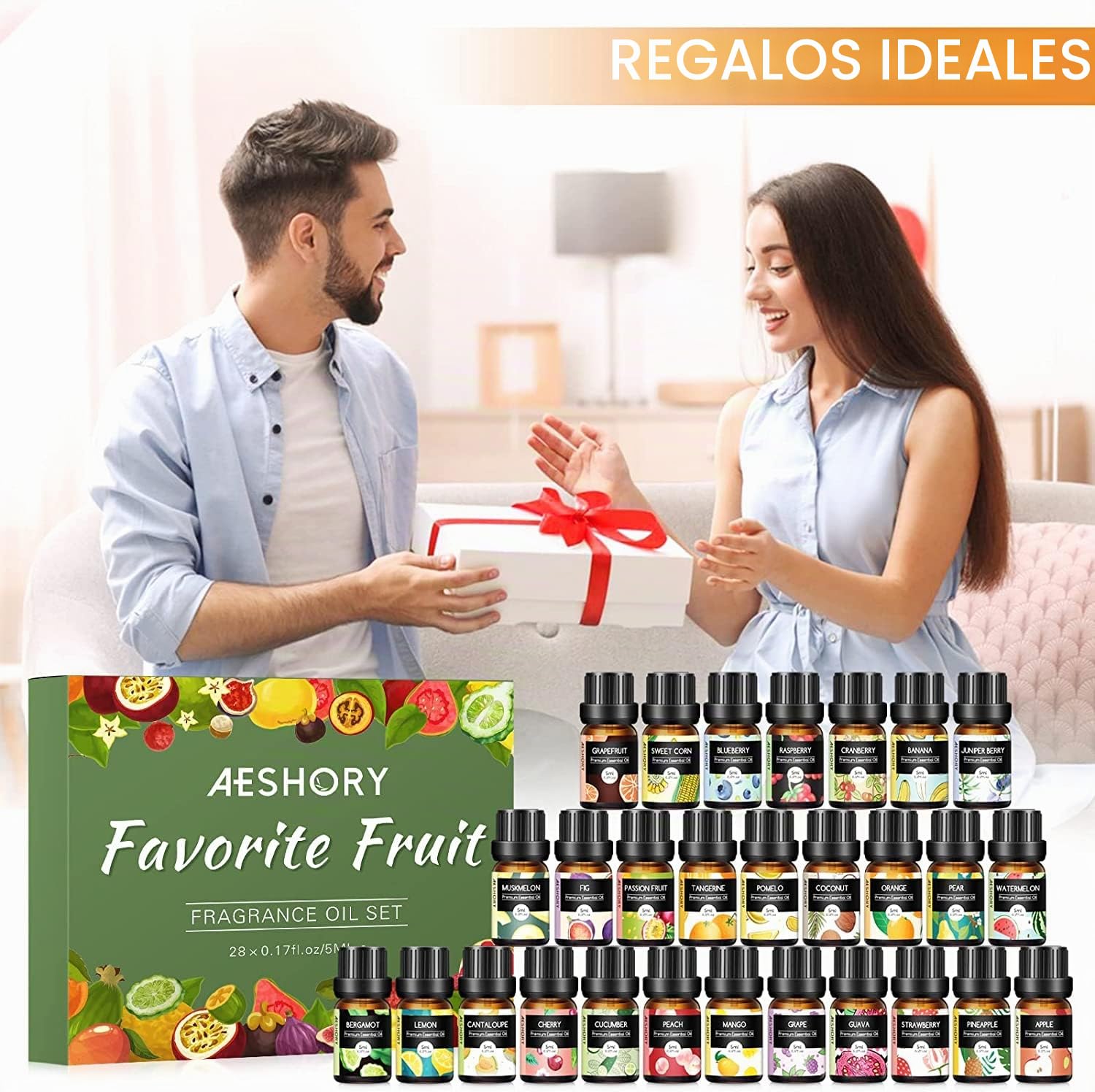 AESHORY Juego de Aceites Esenciales de Frutas 28 X 5ML, 100% Natural Aceite Esencial de Aromaterapia para Humidificador, Difusor, SPA, Masajes, Bricolaje Casero - Uva, Naranja, Piña, Fresa, Melocotón