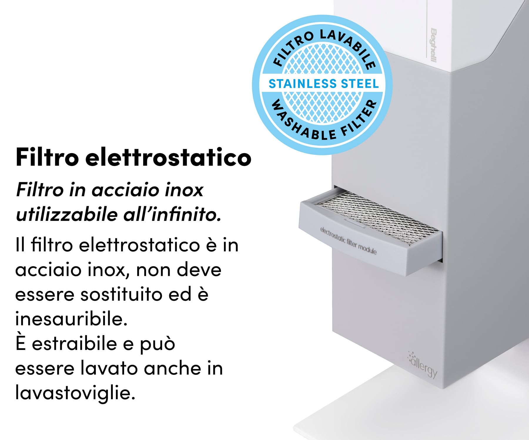 Beghelli Allergy - Purificatore d'Aria con Tecnologia UV-C e Sistema Filtrante Elettrostatico in Acciaio Inox; Elimina Polveri, Pollini, Allergeni, Fumo, Odori, Batteri, Virus, Fino 50 m2;