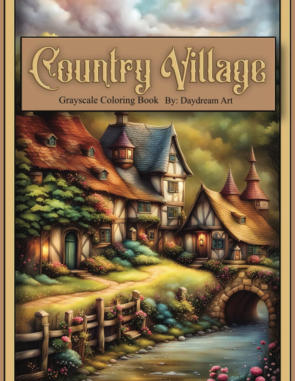 Country Village Grayscale Coloring Book: 50 Peaceful images to color