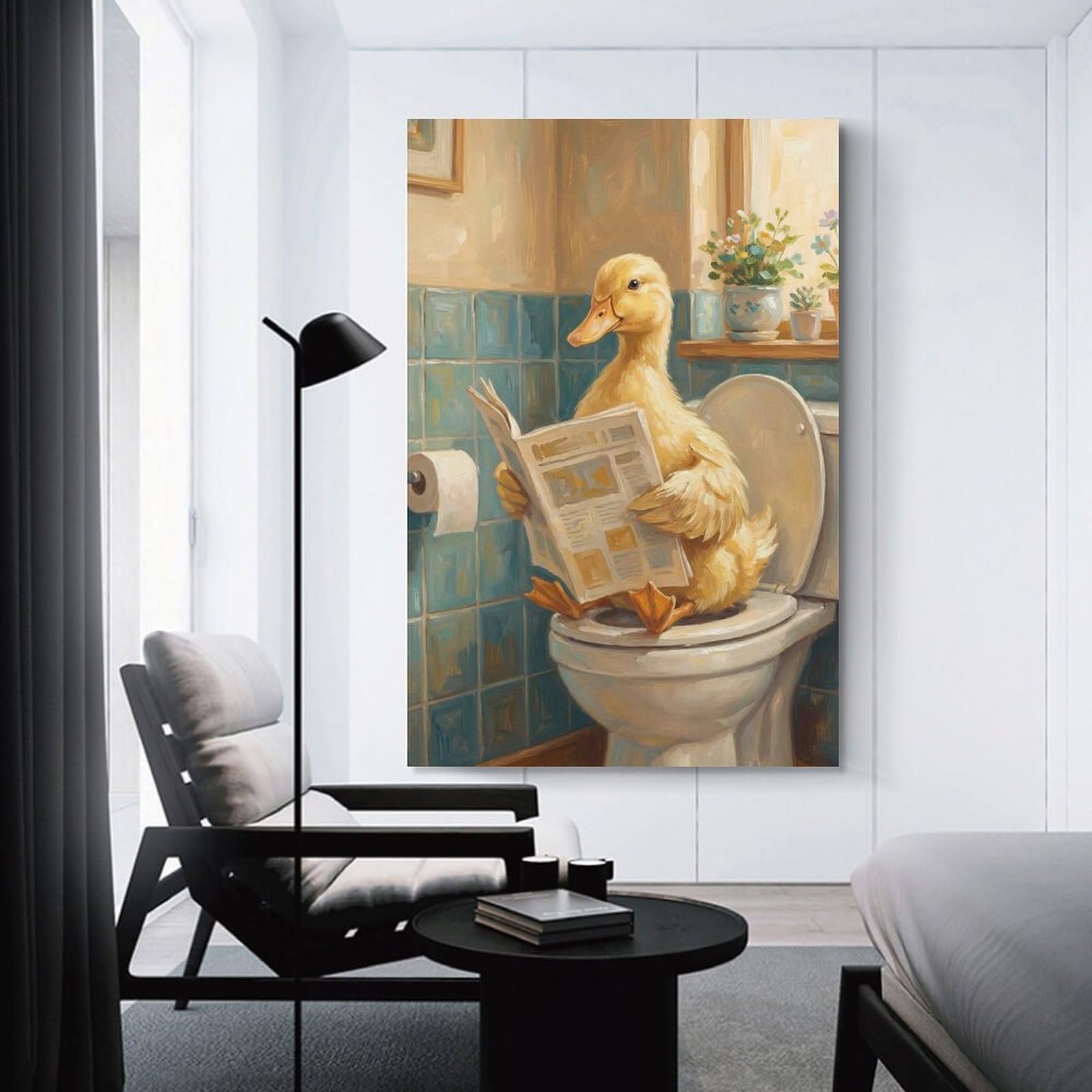 Junmoney Unframe-Style-22 Duck Reading Newspaper On Toilet Canvas Wall Decor, 24X36inch(60X90cm), For Flats, Guest Rooms Or Compact Rooms, Decorative Canvas Decor For Home Updates