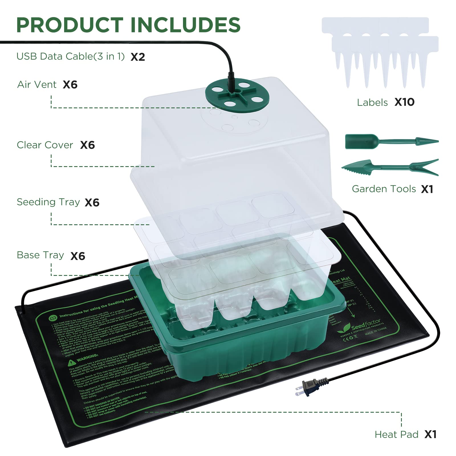 Lot de 7 kits de démarrage de graines avec lampe de croissance (12 cellules par plateau), plateaux de germination des plantes avec humidité réglable, plateaux de semis avec plateaux de base
