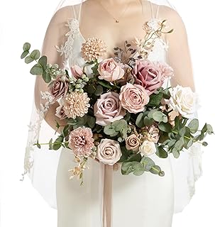 Ling's Moment Dusty Rose Wedding Bouquets for Bride, Pink Bridal Bouquets for Bride, 13 Inch Free Form Artificial Wedding Flower Bouquet