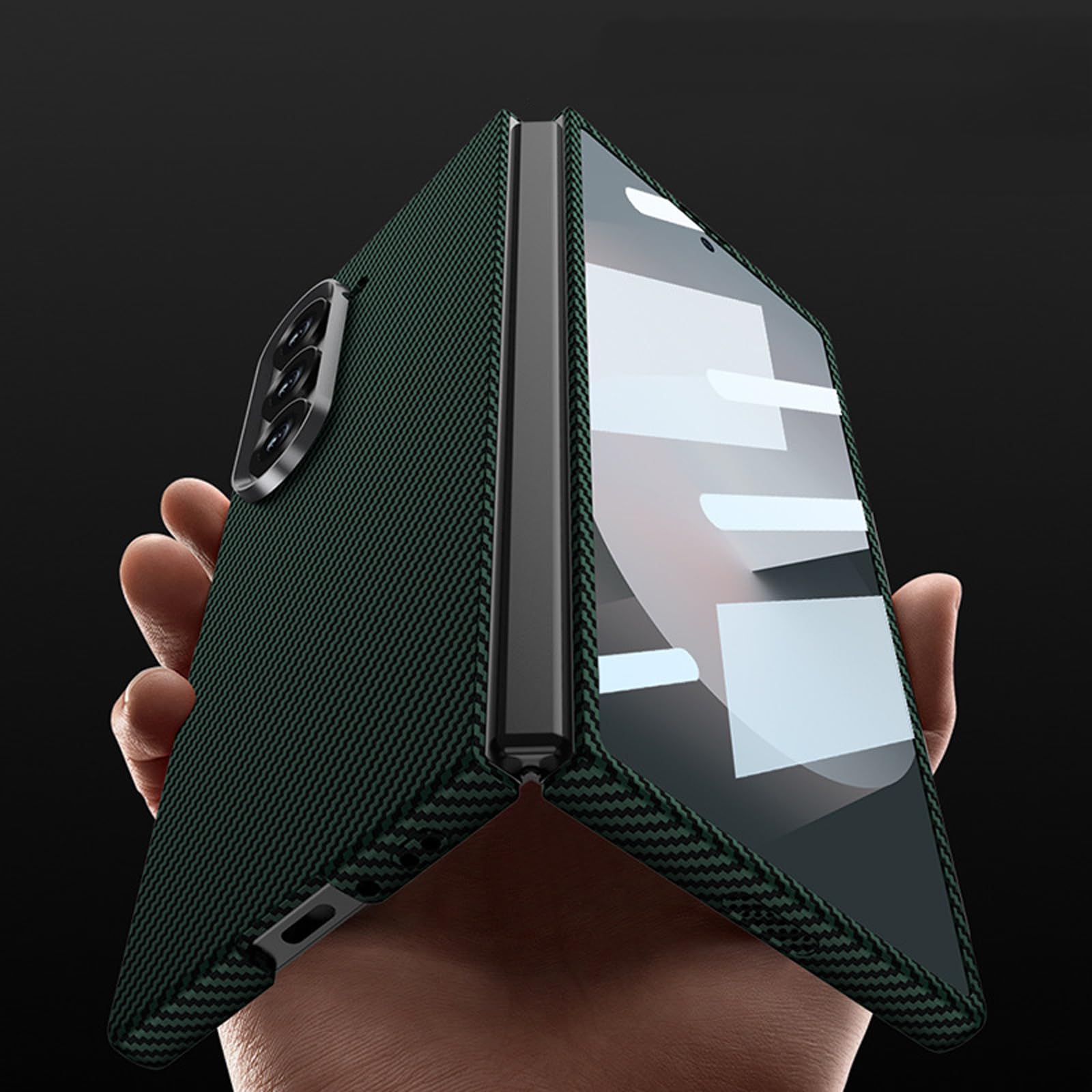 Smukłe etui do Samsung Galaxy Z Fold 6, wbudowana osłona ekranu ze szkła hartowanego, odporna na wstrząsy osłona ochronna cienka tekstura włókna węglowego, twarda obudowa, niebieska, składana