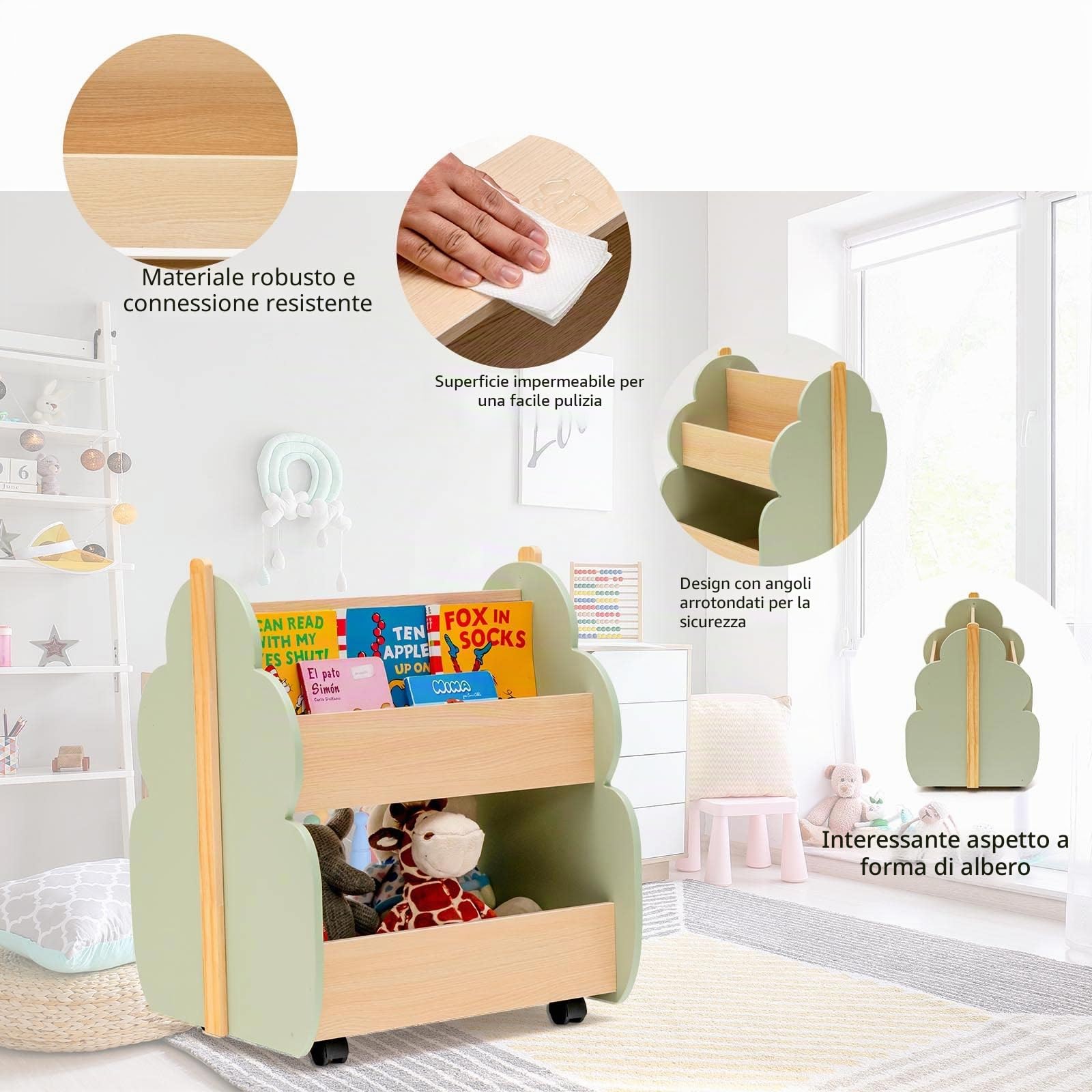 LIFEZEAL Libreria a 2 Livelli per Bambini, con 4 Ruote, 3 Scomparti, Scaffale in Legno a Forma di Albero, Contenitore di Libri e Giocattoli, per Cameretta, Verde, 52x46x62,5 cm