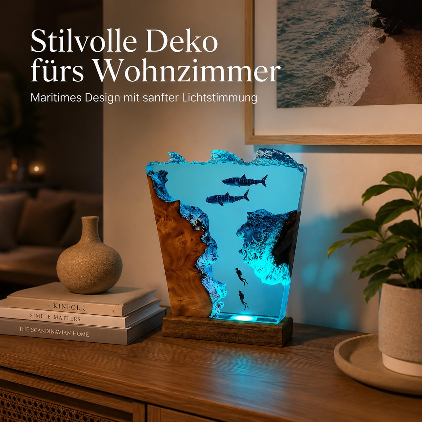 Drawelry 3D Meer Wal Hai Harz Nachtlichter Unterwasser Ornamente (E3) | Holzsockel, USB-Kabel, Ozean Szene, Epoxidharz Lampe,Heim Büro Deko,Weihnachten Geburtstag Geschenke