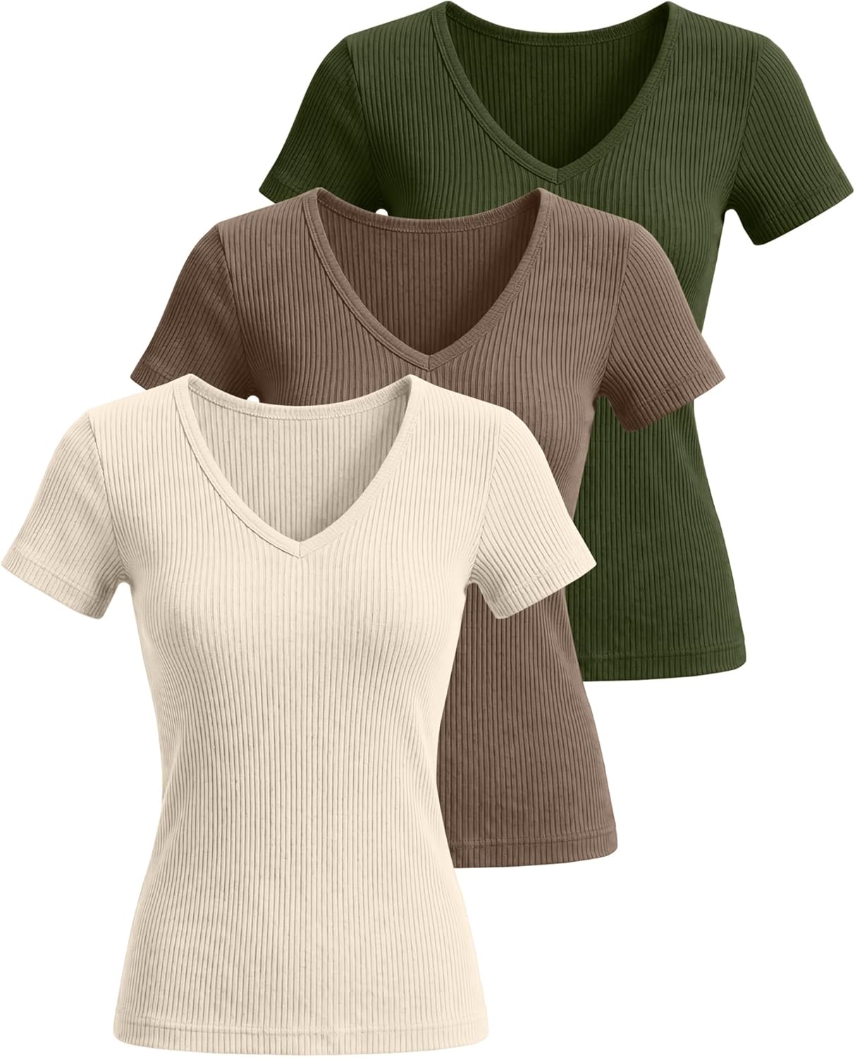 Ficerd 3 Pack Women's Short Sleeve Cotton T-Shirts V Neck Ribbed Slim Fit Tops Ladies' Casual Summer Basic Tee - Image 3