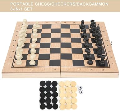 3 in 1 Wooden Chess/Checkers/Backgammon Set, Professional Portable Wooden Chess Set with Folding Chess Board Exquisite Interactive Wooden Chess Board Game for Adults Kids(S)