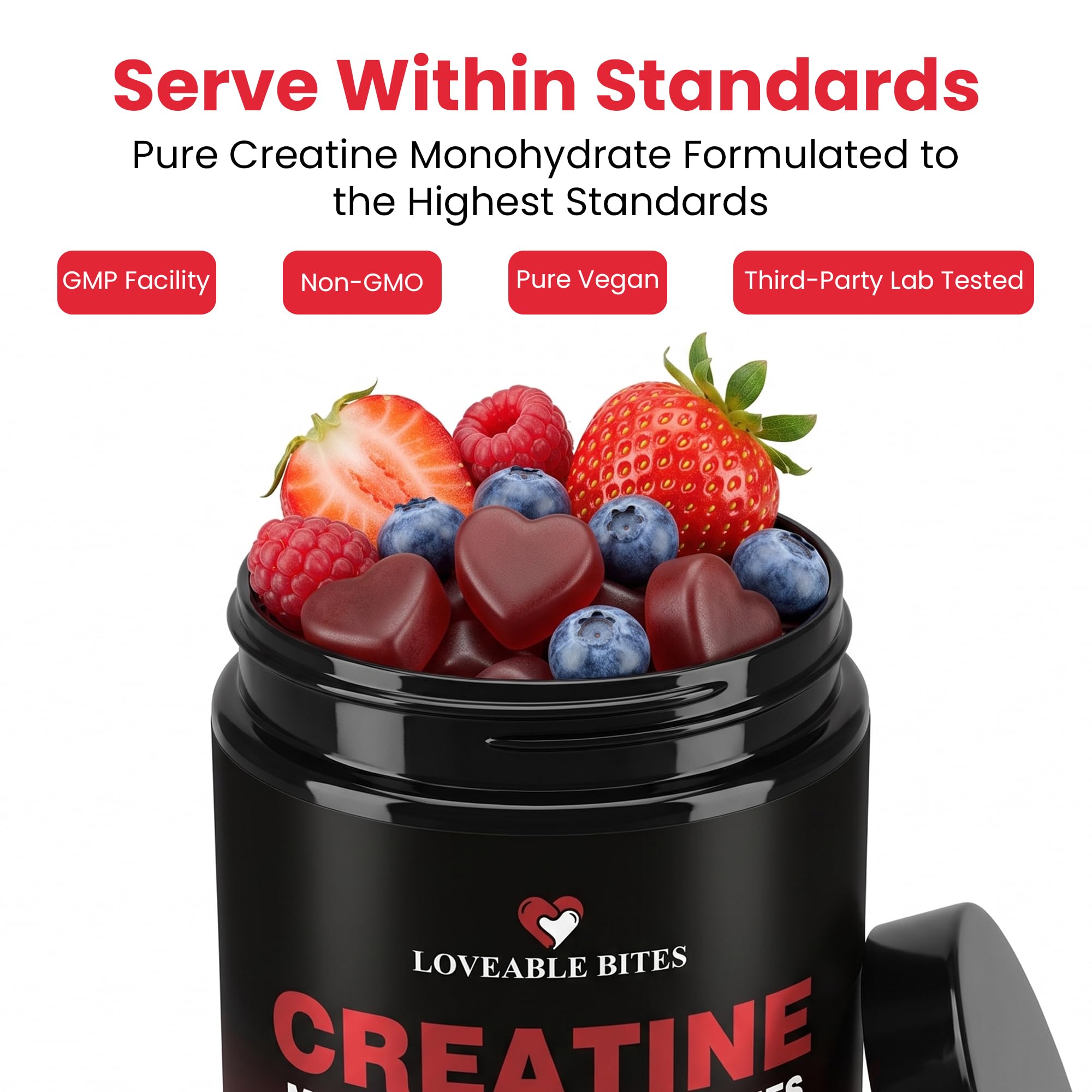 Loveable Bites Creatine Monohydrate Gummies, 5g Dose for Men & Women to Support Muscle Strength, Energy, Endurance & Recovery, Sugar-Free, Vegan, Pre-Workout Supplement, Mixed Berry Flavor, 180 Count — Amazon image 6