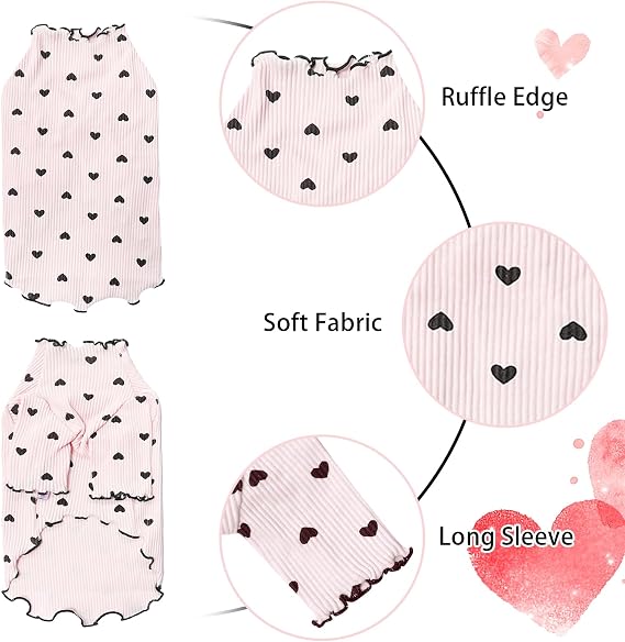 Pet Clothes for Small Dogs Cat Summer Fall Heart Print Shirt Stretchable Ruffle Long Sleeve Outfits for Chihuahua Schnauzer Shih Tzu Yorkie (Pink, S)