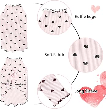 Pet Clothes for Small Dogs Cat Summer Fall Heart Print Shirt Stretchable Ruffle Long Sleeve Outfits for Chihuahua Schnauzer Shih Tzu Yorkie (Pink, S)