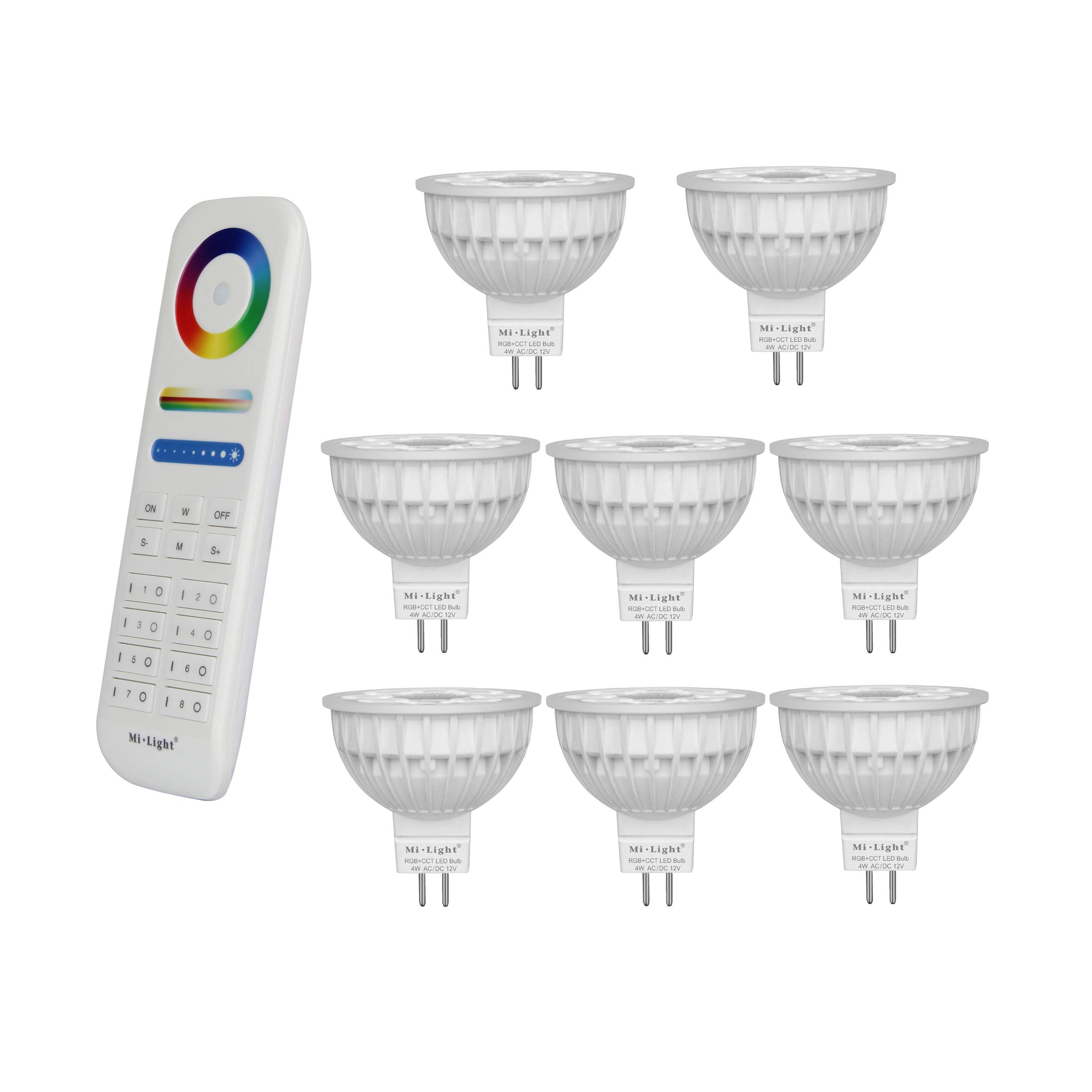 lighteu®, 8x 4W 12V GU5.3 MR16 RGB + CCT LED-Strahler Farbwechsel und CCT WW CW Temperatur einstellbar, original Mi-Light, Glühlampe mit 8-Zonen-Fernbedienung (8x FUT104 + FUT089)