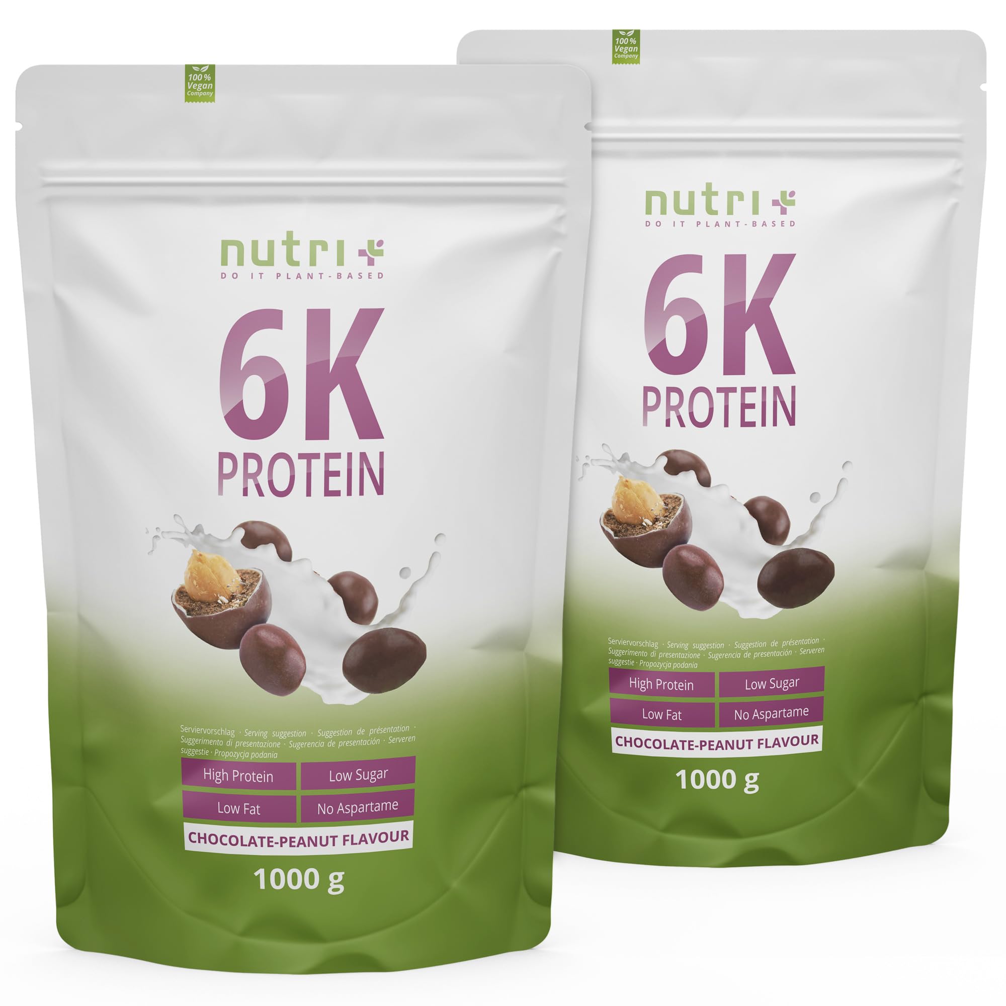 Nutri+ PROTÉINES EN POUDRE CHOCOLAT ET ARACHIDES 2 kg Mélange de protéines végétaliennes sans lactosérum - Protein 6k 2000g poudre de protéines en double emballage