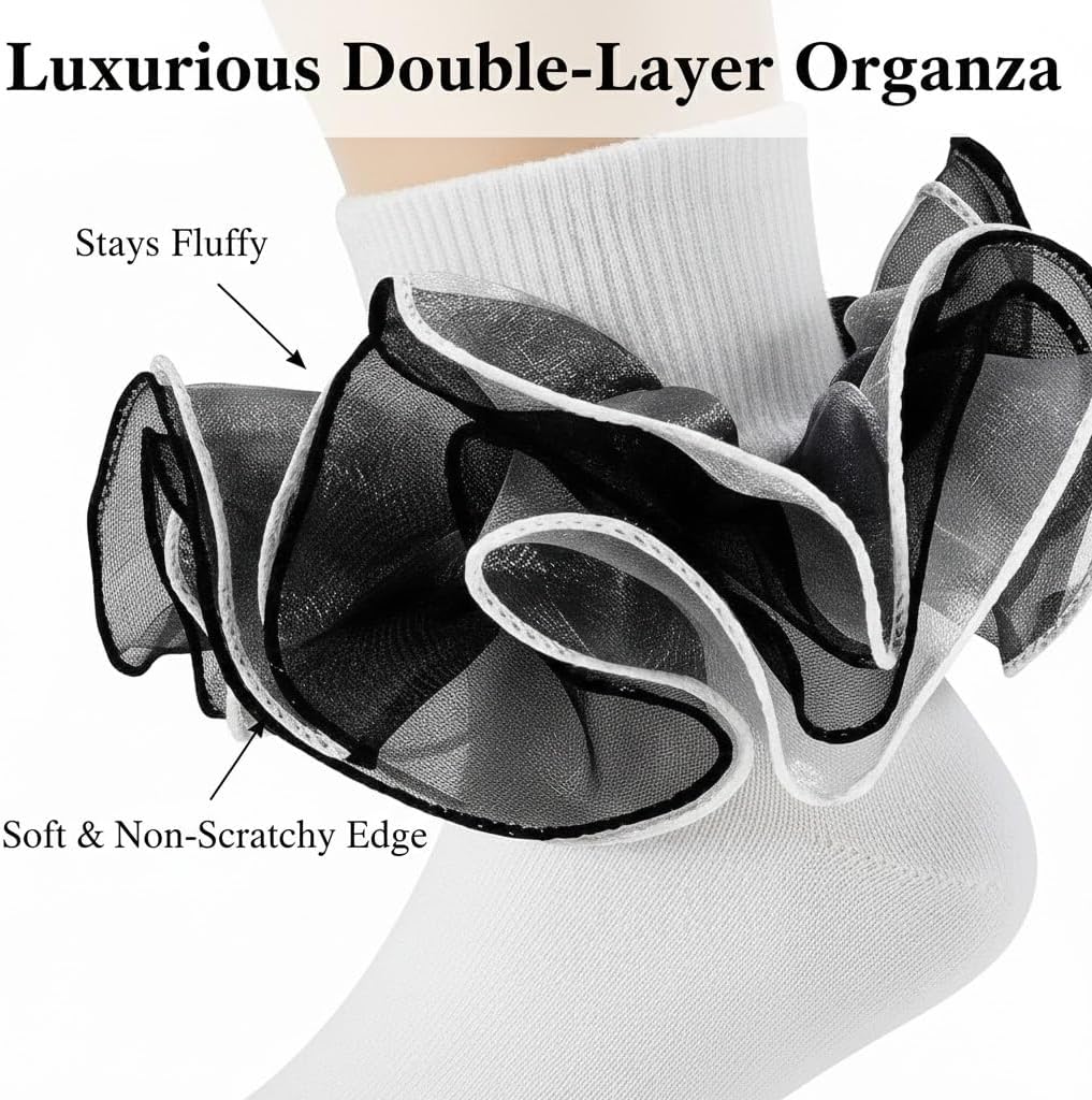 Girls Ruffle Socks Toddler,4-Layer Big Fluffy Lace Frilly Ankle Socks,Soft Cotton Turn Cuff Dress Sock for Girls