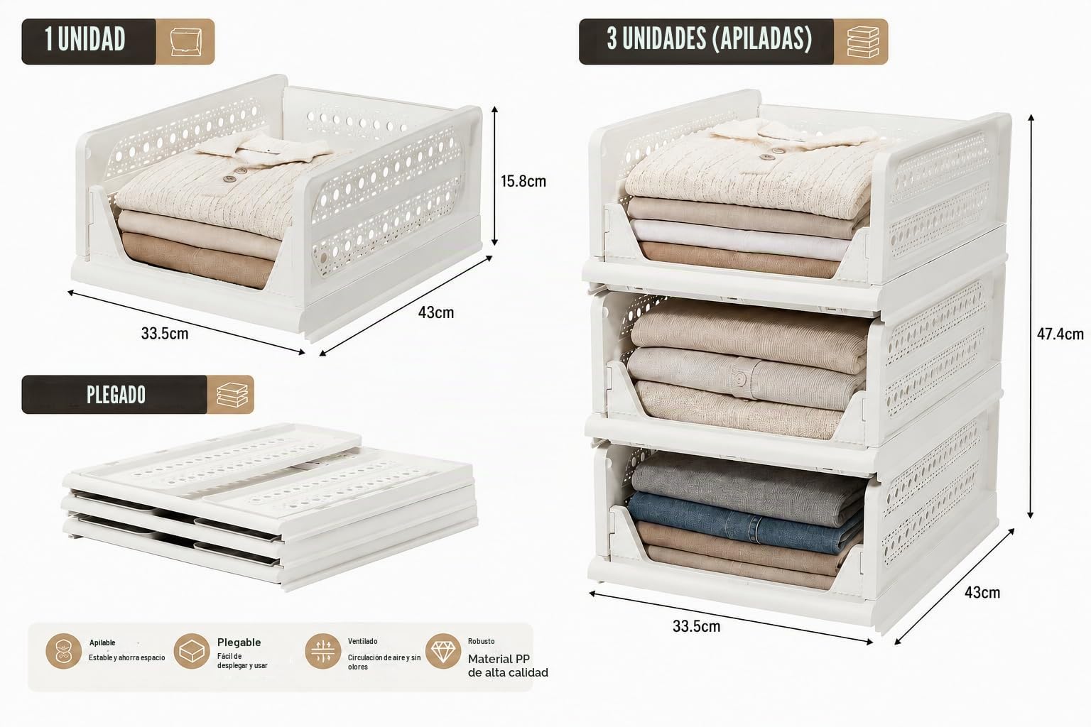 RMAN 3 pcs Cajas Almacenaje Cajones Extraíbles Plástico Blanco | Apilable, Plegable, Para Ropa Cocina Dormitorio Baño, Organizador Armario