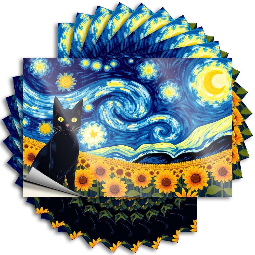Camper Van Accessories Alcohol Tattoos - A Black Cat Stands Amidst Vibrant Sunflowers Under A Swirling Starry Sky. Helmet Waterproof Vinyl Sticker(8X12CM)