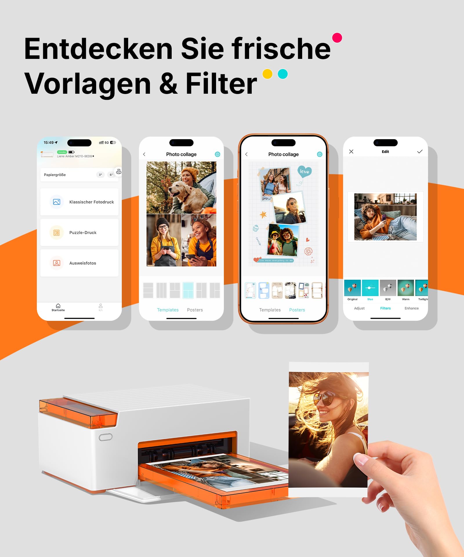 Liene Amber M110 Mini Fotodrucker für Smartphone – inkl. 60 Blatt 10x15 cm Fotopapier + 60 Blatt 7,7 cm selbstklebende Fotos (20+40) + 2 Farbbänder – Thermosublimation, Bluetooth, für iPhone & Android