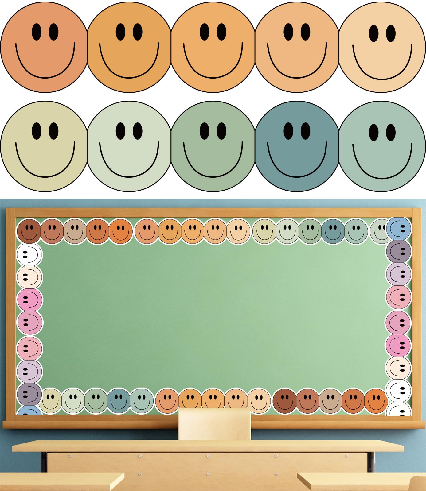 Whaline 69Ft Boho Pastel Color Smile Face Bulletin Board Borders Colorful Happy Face Die Cut Trim Border Roll for Back to School Classroom Chalkboard School Office Decor