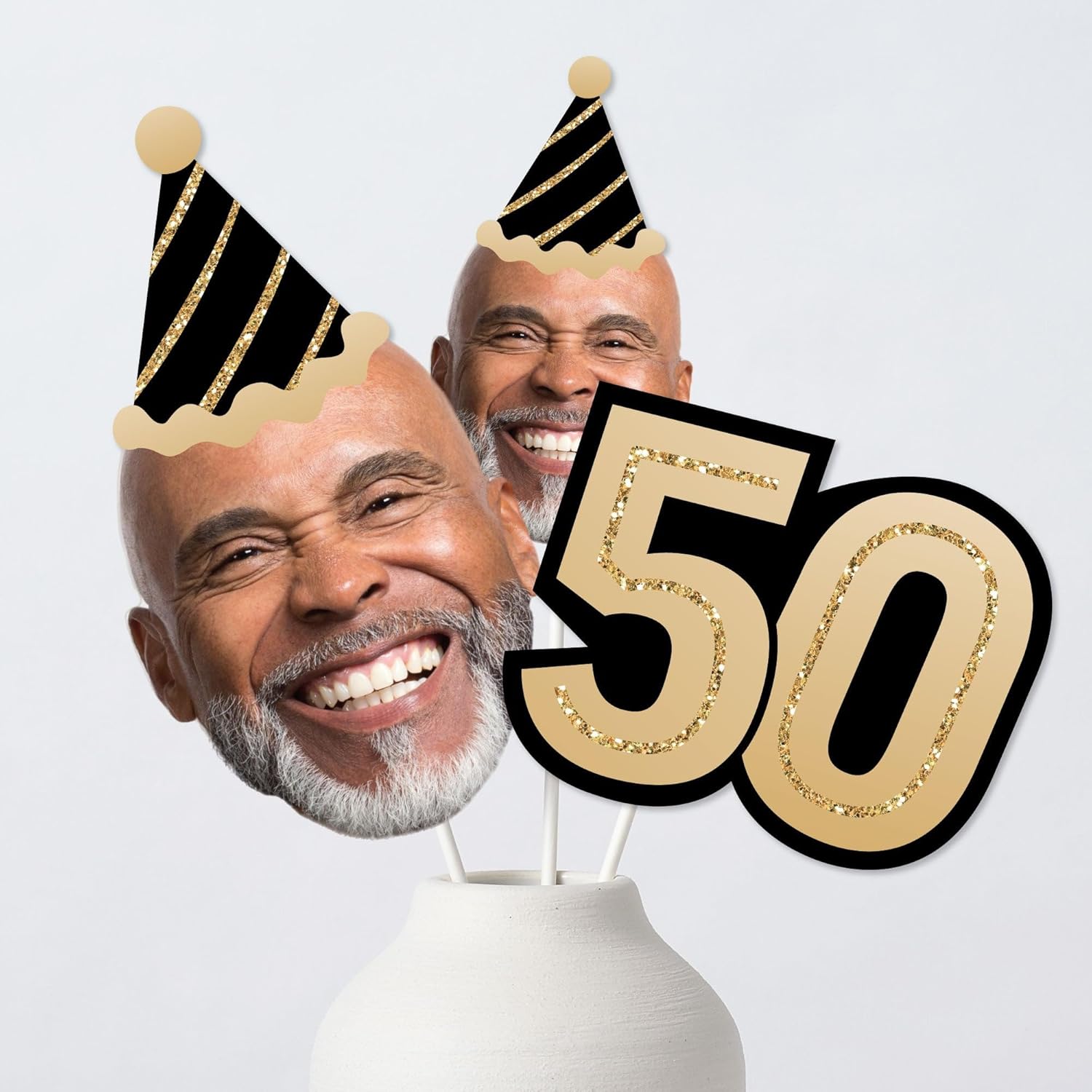 Big Dot of Happiness Custom Photo 50th Birthday Centerpiece Sticks, Personalized Fun Face Cut Out Table Toppers, Black & Gold Age 50 Shapes, Upload 1 Photo - 15 Pieces