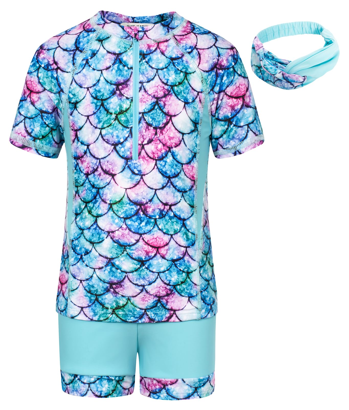 GRACE KARIN Traje de baño para niña de tres piezas, camiseta de manga corta + bañador + diadema