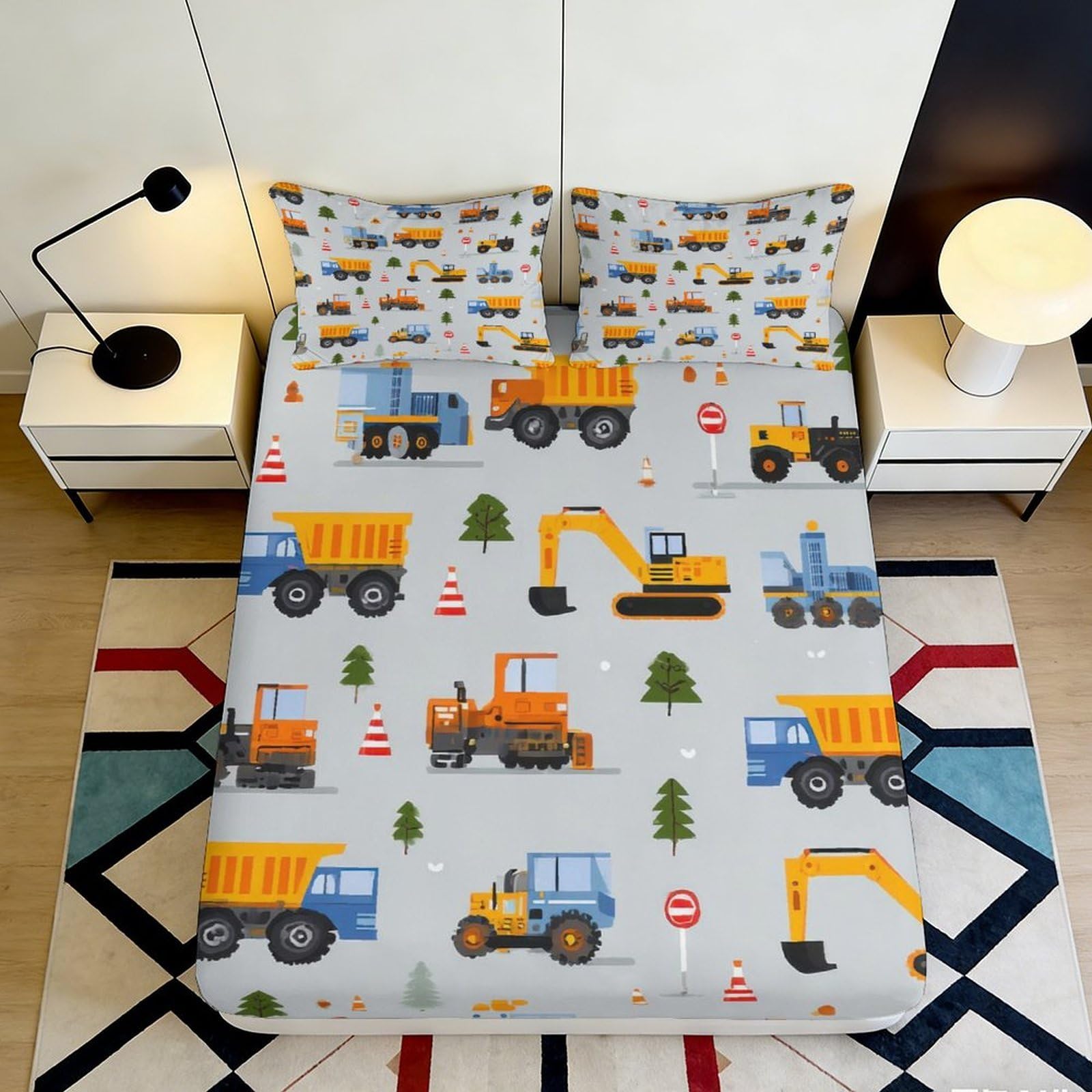 3D Printed Construction Trucks Fitted Sheet Microfiber Elastic Hem Deep Pocket Bedding Set Construction Vehicles Mattress Fitted Cover Washable for Home 200x200x25cm