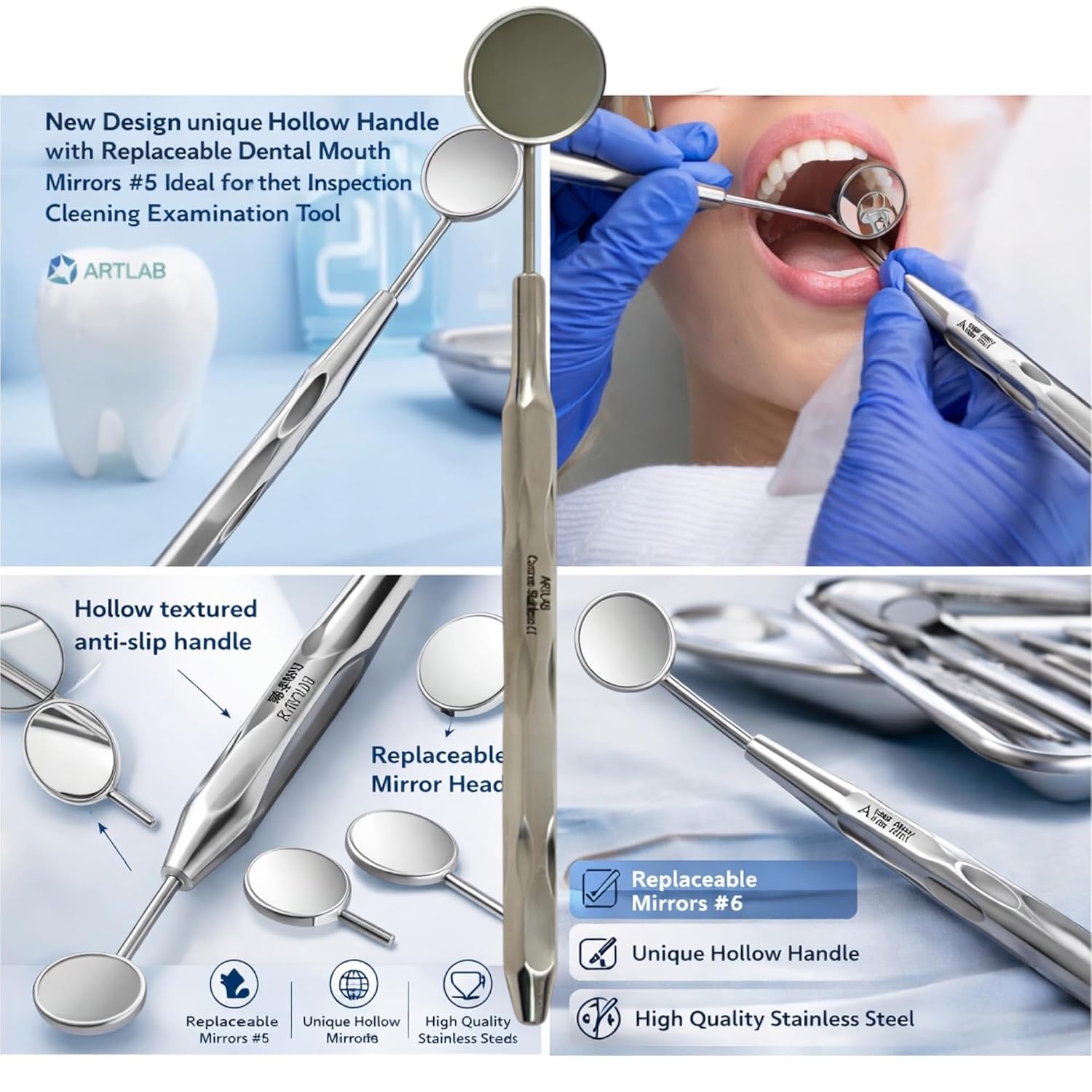 Ergonomic Hollow Handle Dental Mouth Mirror #5 Non Reflextive Silver & Blue Titanium German Stainless Steel CE - Artlab (10, Silver)