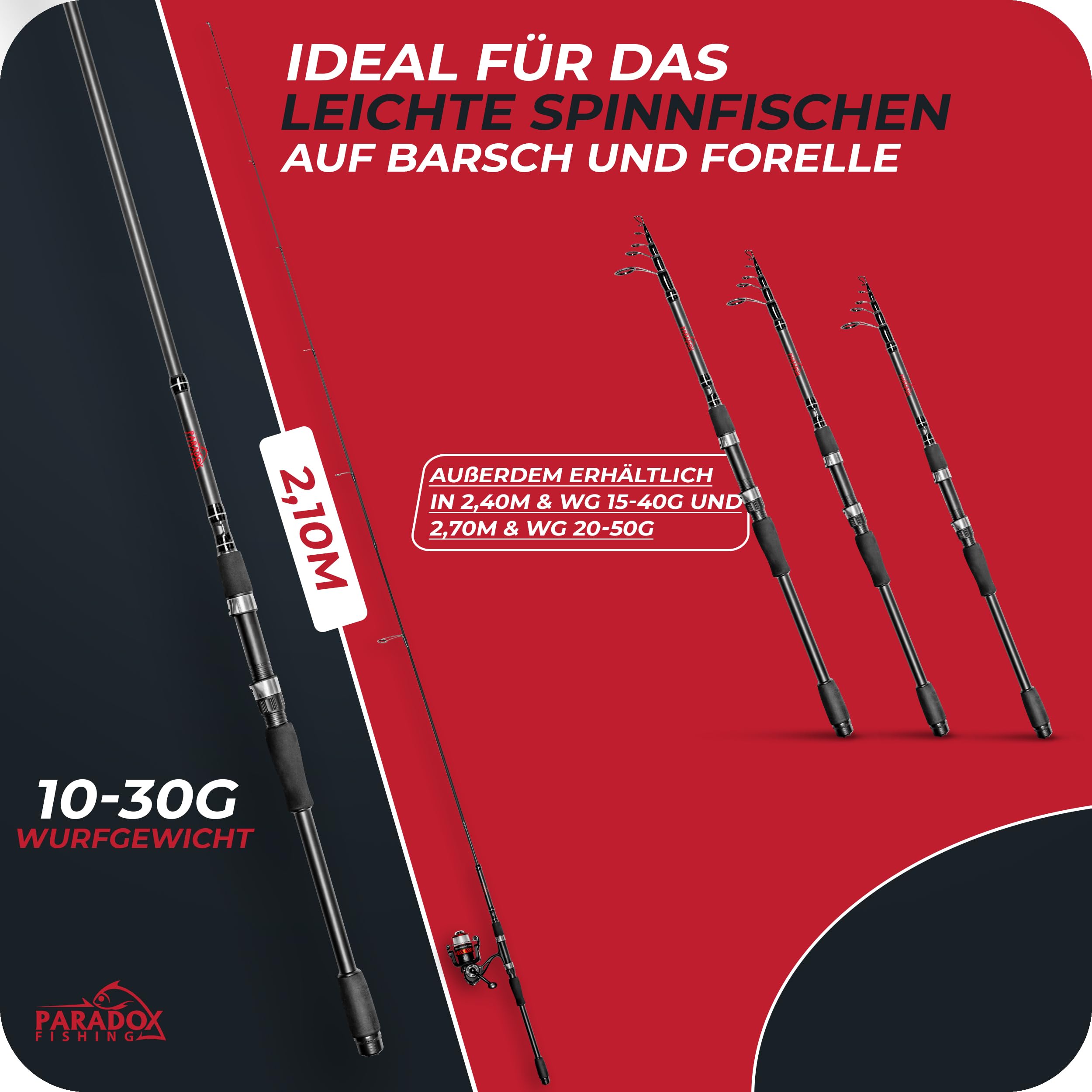 Paradox Fishing Teleskop Spinnrute 2,1m/2,4m/2,7m – für Barsch Hecht Zander - Angel-Rute Fishing Rod Baitcast – kleines Transportmaß perfekt zum Reisen