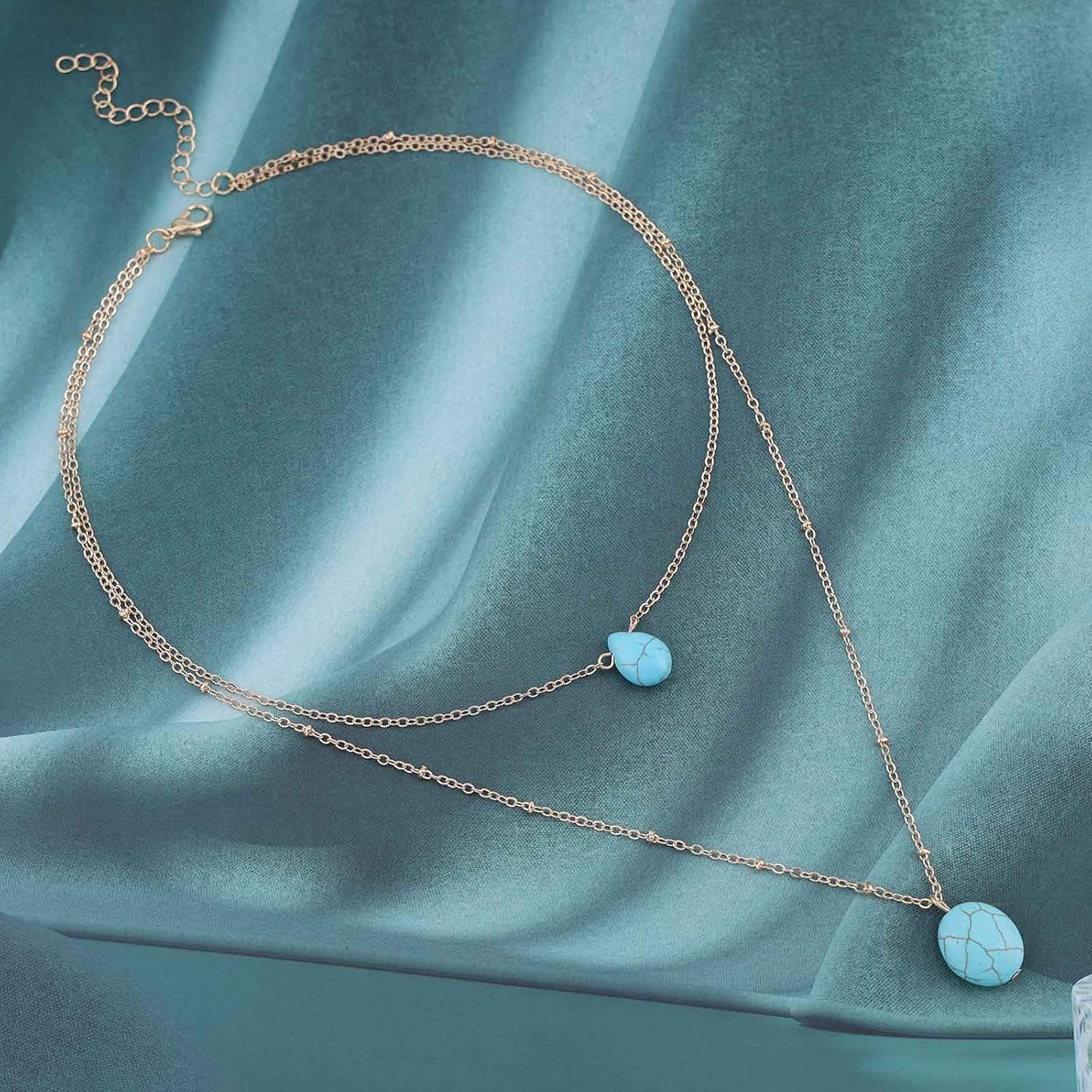 Vintage Layered Turquoise Pendant Necklace Oval Turquoise Choker Necklace Blue Teardrop Stone Choker Necklace Blue Stone Bead Necklace for Women - Image 3