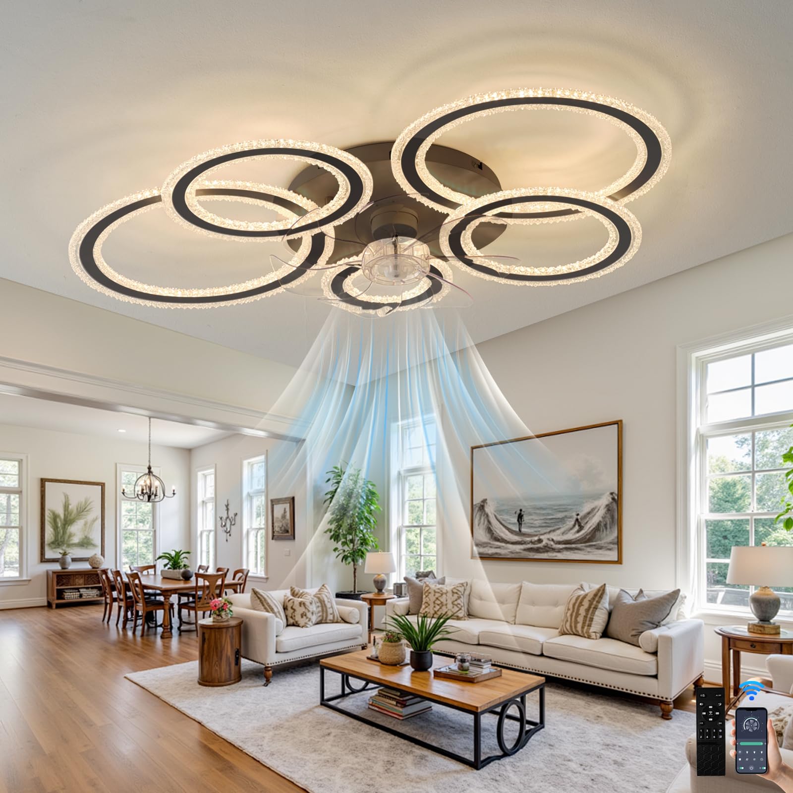 lnrosy Large Modern Ceiling Fans with Lights with Remote and App, 86cm Fan Lamp with 6 Speeds and Silent, Led Timing Fan Lights with Reversible and Dimmable for Bedroom Living Room Dining Room, Black