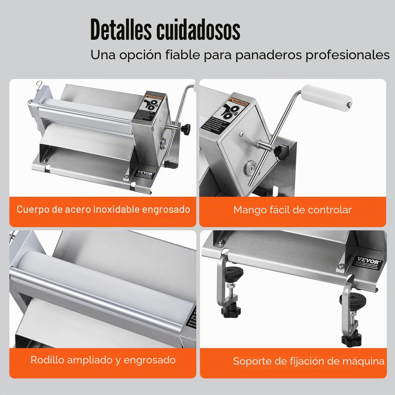 VEVOR Máquina Enrolladora de Masa Manual Rodillo de Masa de Acero Inoxidable, Mango Extraíble, Placa, Espesor Ajustable Máximo 12 mm, Uso Doméstico o Cocinas Comerciales Pequeñas, 250 x 550 x 220 mm