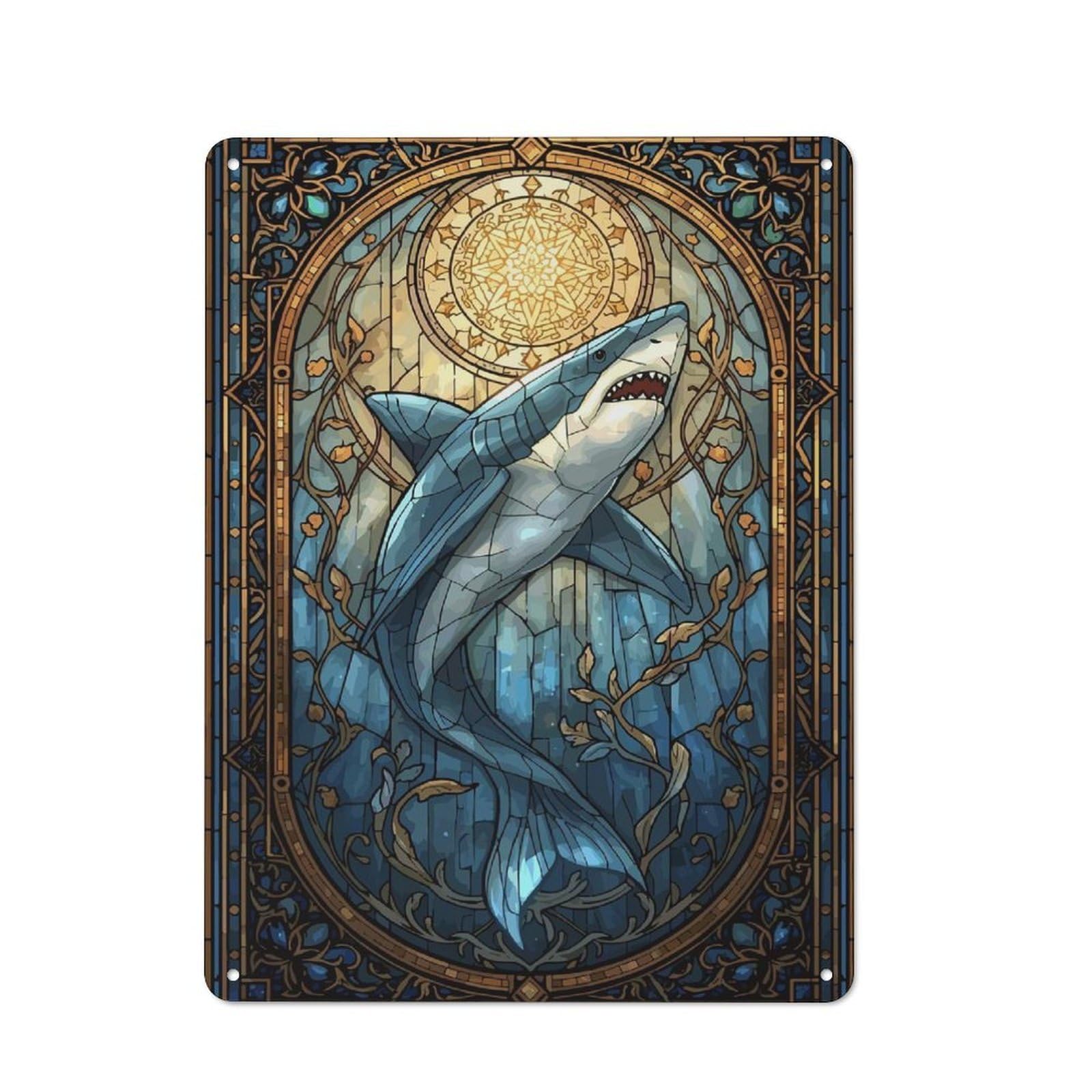 Junmoney Style-7 Shop Front Style Shark Stained Glass Cafe Metal Sign 40X30cm, Bistro Wall Plaque For Tea Room, Shop Wall Or Breakfast Area