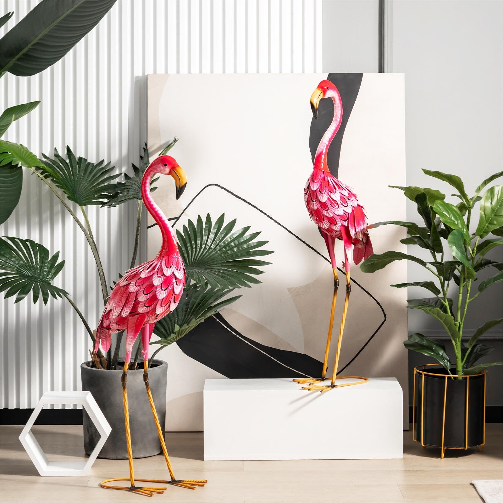 SOARS Set de 2 estatuas de jardín, decoración de flamenco de metal, esculturas para exteriores, para casa, terraza, patio trasero y césped (flamenco)