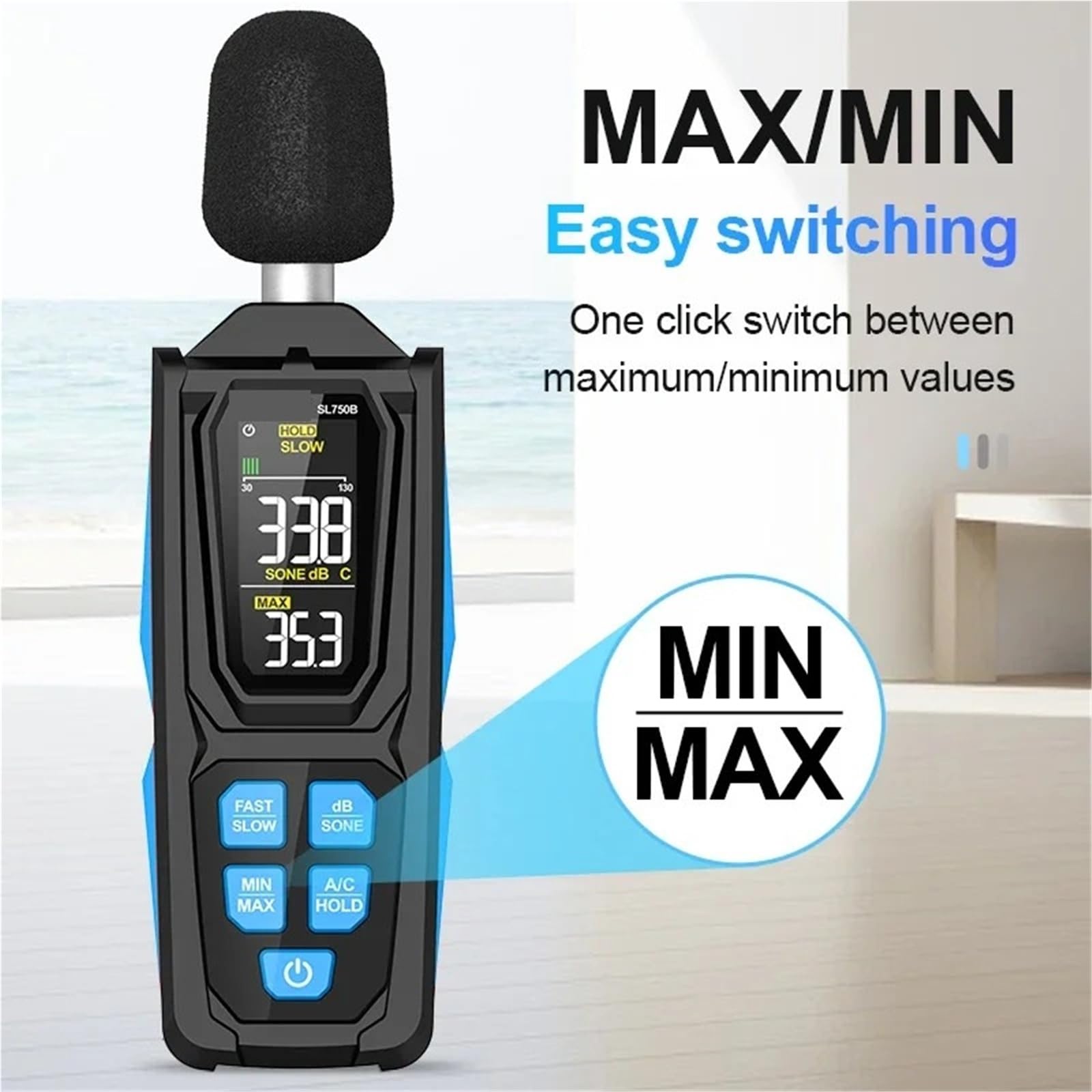 Medidor de decibelios, Sonómetro digital 750/750B, comprobador de ruido profesional, aire acondicionado, 30-130 dB, decibelímetro, instrumento de medición(750B)