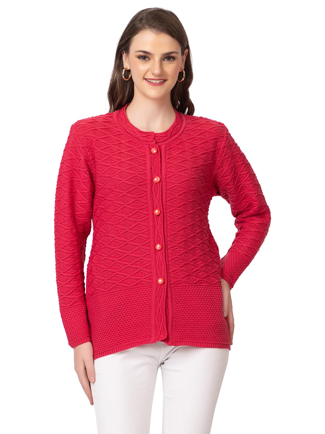 dadu dayal Women's Warm Woolen Cardigan - Stylish Full Sleeve Knitwear for Winter, Cozy with Diamond Design-picture-0