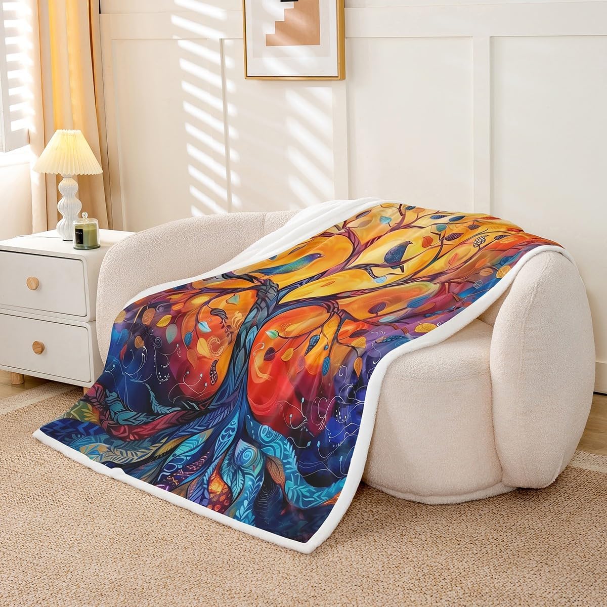 Castle Fairy Tree Bird Throw Blanket for Kids,Oil Painting Aesthetic Fleece Throw Blanket for Bedroom Sofa Dorm Decor,Modern Leaves Abstract Lightweight Bed Blankets,40 x 50 Inches image 3