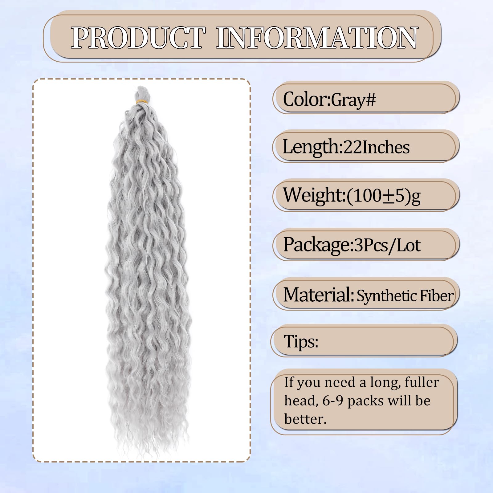FANLUTYIN 22 Inch Curly Crochet Braiding Hair 3 Packs Ocean Wave Crochet Hair Extensions Deep Wave Synthetic Braiding Hair Curls Hair Twist Water Wave Braided Hair (Grey - Image 3