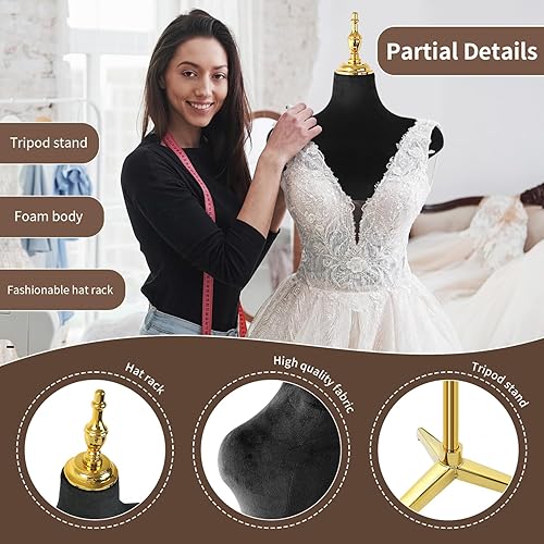 Miniatura 4 de Soporte de trípode de maniquí femenino de terciopelo negro,Maniqui ajustable en altura para cuerda,Maniquí de forma de vestido y exhibición de