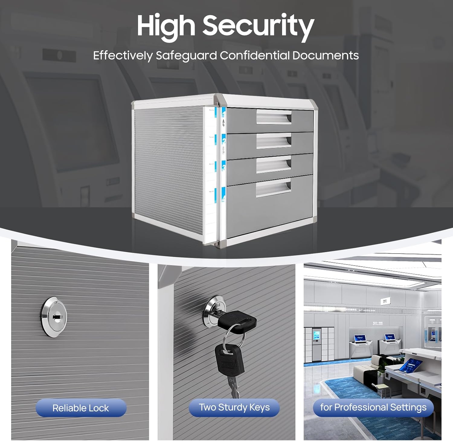 4 Tier Desktop Drawer Organizer Aluminum Alloy File Organizer with Lock Office Papers Organizer with Label Slot for Offices Schools Banks (Silver)