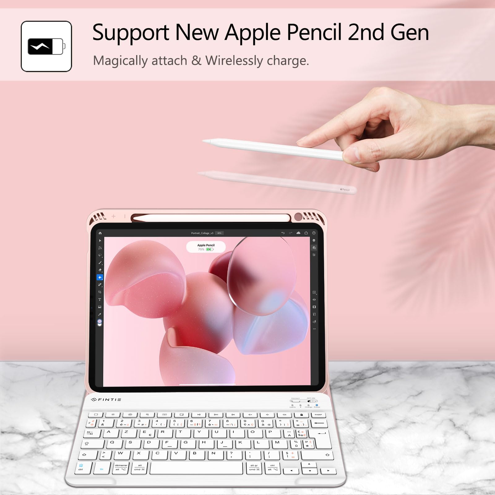 FINTIE Clavier pour iPad Air 11 Pouces M4/M3/M2 (2026/2025/2024) et iPad Air 5/4 10.9” (2022/2020), Clavier AZERTY sans Fil, Housse Multipositions avec Rangement de Stylet, Rose
