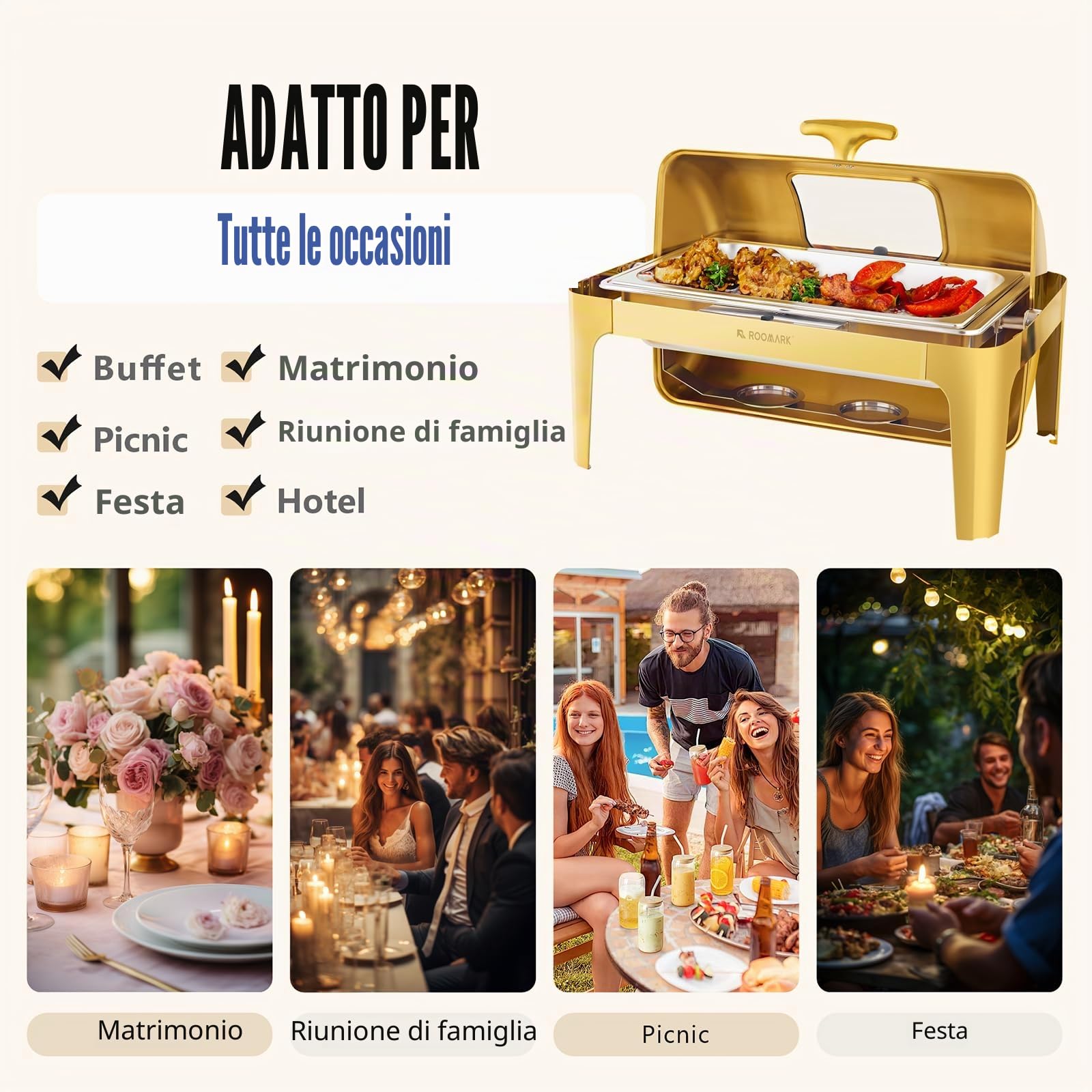 8,6L Roll Top Scaldavivande Catering Buffet Set,SS201 Rettangolo scalda vivande Elettrico Professionale, Armadio riscaldante per Alimenti per Catering, Buffet e Feste,Oro
