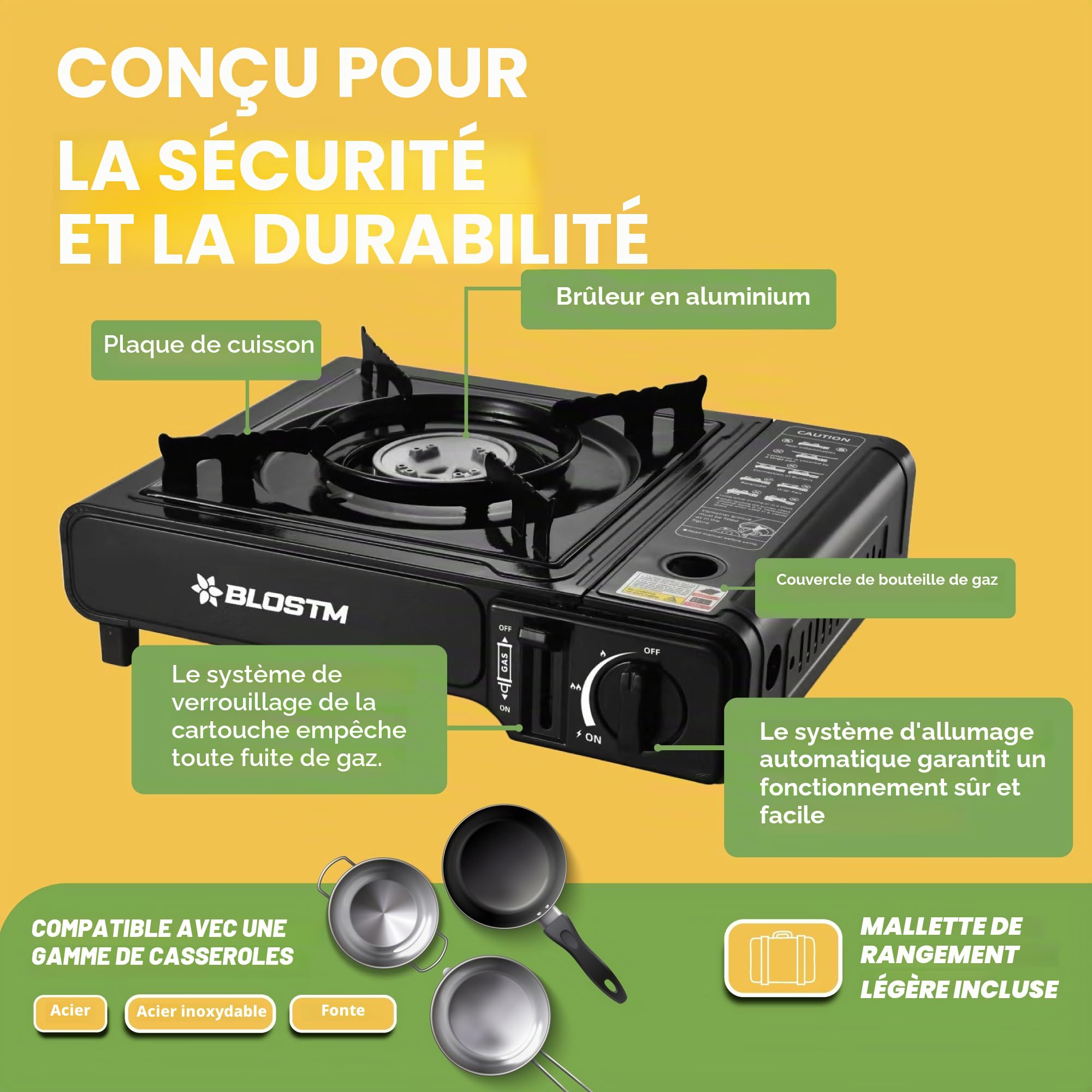 BLOSTM Réchaud à gaz portable de camping – Réchaud de camping à brûleur unique avec système d'allumage automatique, contrôle de la température, utilisation avec butane ou GPL, petite plaque de cuisson