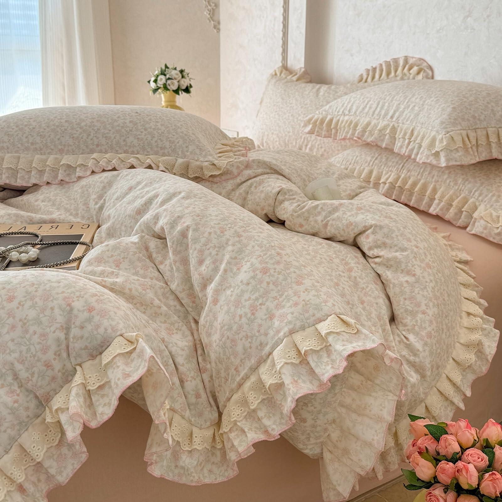 VM VOUGEMARKET Ruffle Duvet Cover Set Twin,Vintage Garden Floral Duvet Cover with 2 Pillow Shams,Double-Layer Gauze Cotton Bedding Set,Comfy,Breathable &amp; Lightweight for Girls-68 x86