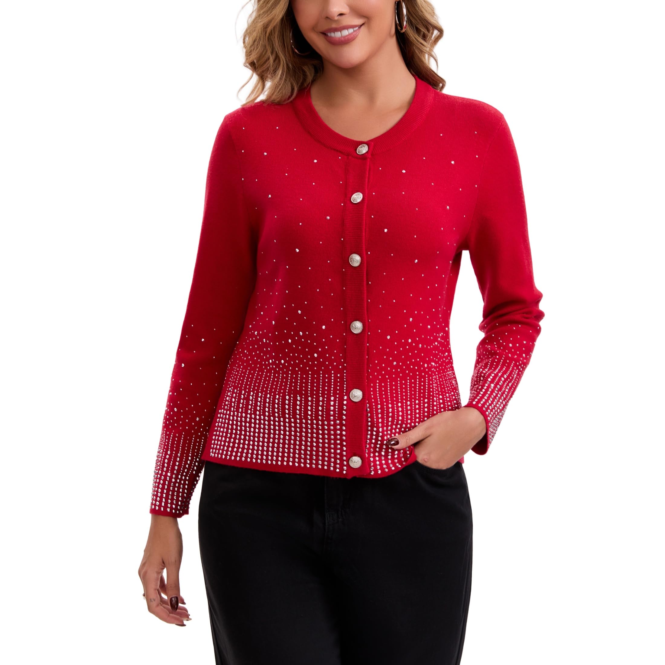 Froggirl Womens Sparkle Rhinestone Button Down Cardigan Sweater Elegant Long Sleeve Knit Jackets Top