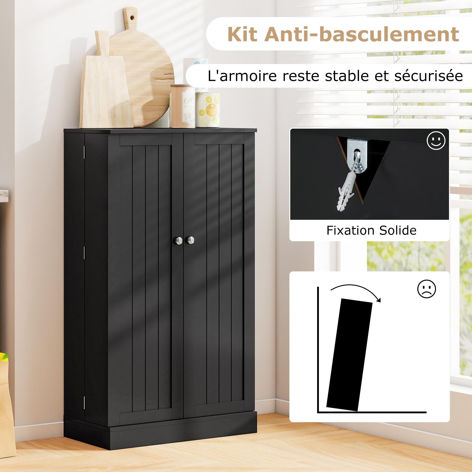 COSTWAY Armoire de Cuisine 2 Portes avec 16 Étagères, Meuble Cuisine Rangement avec Dispositif Anti-Renversement, Buffet pour Salle à Manger, Salon, Noir