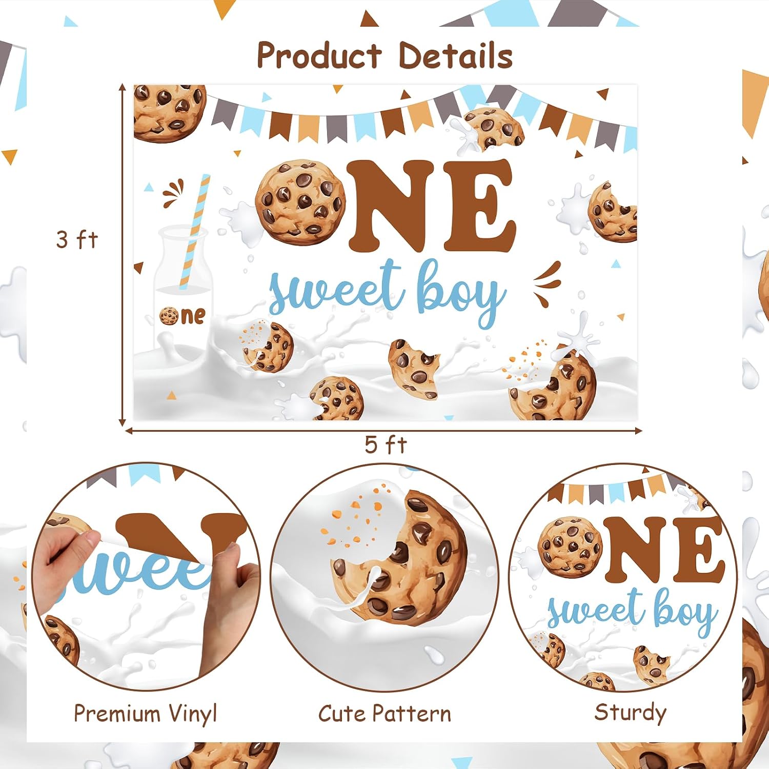 Boys Milk and Cookies 1st Birthday Decoration - One Sweet Boy Backdrop, Cake Topper for One Year Old