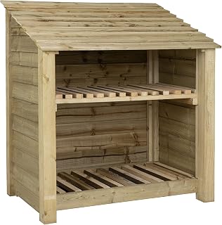 Wooden Log Store 4Ft (W-119cm, H-126cm, D-88cm) (With kindling shelf, Natural (Light green))