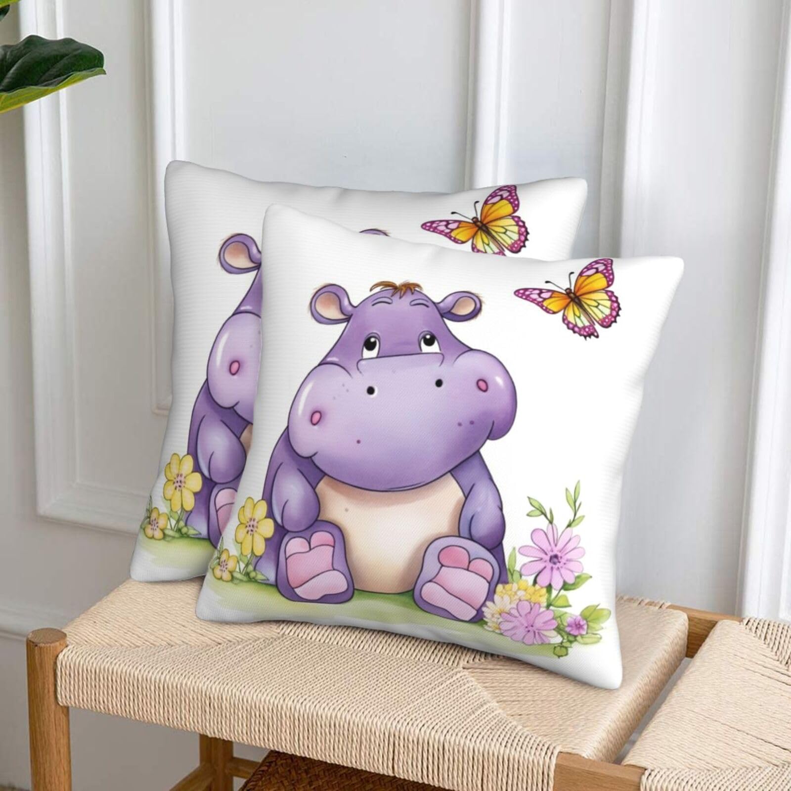 NONHAI Decorative Throw Pillow Covers Set of 2, 18"x18" Square Cushion Case Soft Comfy Butterfly and Hippo Throw Pillows for Couch Cushion Livingroom Farmhouse Home Decor Pillowcases