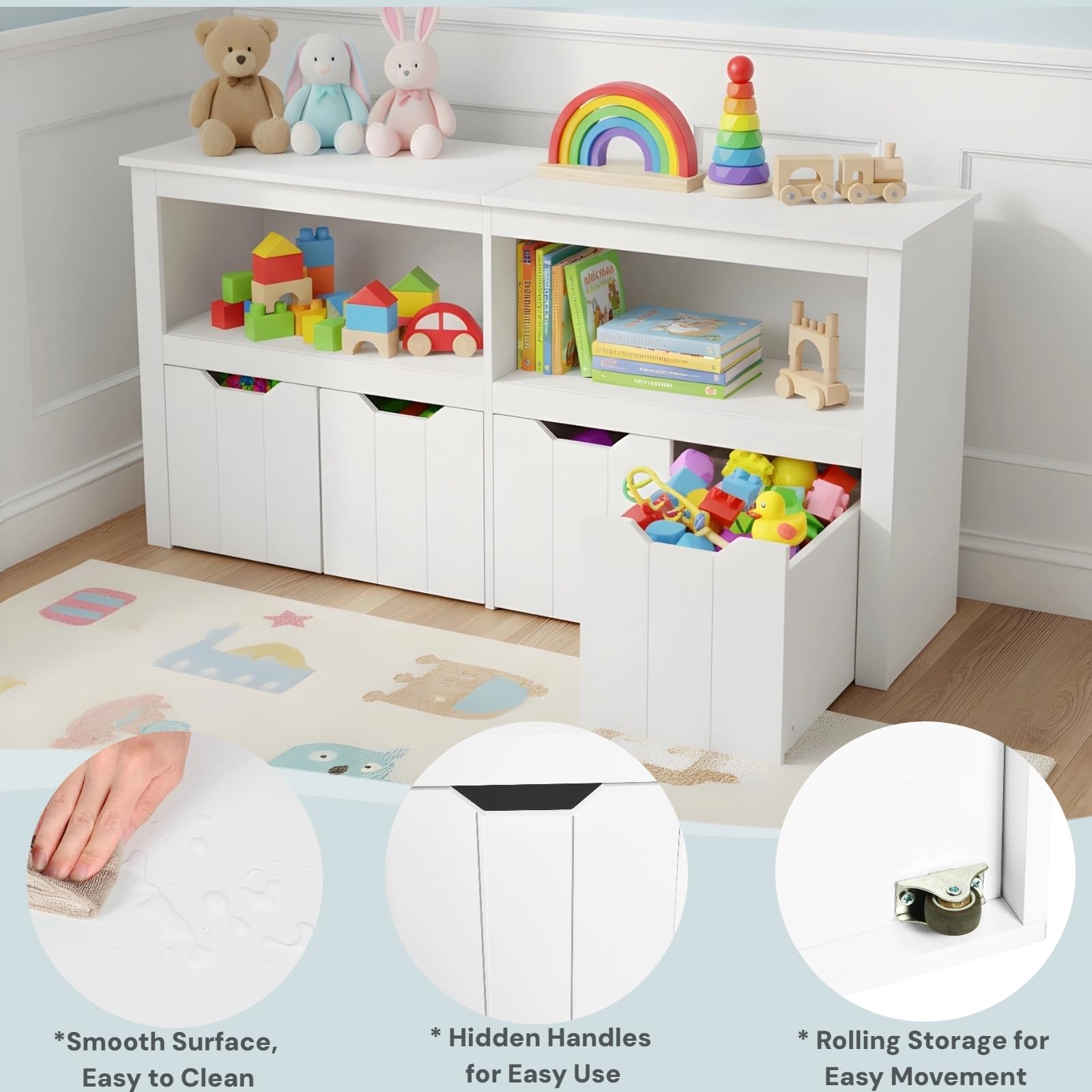 Meuble Rangement Enfant avec 2 Compartiments et 4 Tiroirs Roulants, Meuble de Rangement Jouets Enfant Bibliothèque pour Salon Chambre d’Enfant Salle de Jeu (Blanc, 120 x 33 x 61.5 cm)